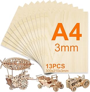 13 Pièces Contreplaqué 3mm,Feuilles de Bois de Tilleul,300 x 210mm,Planche Bois Brut A4,Balsa Panneau Feuille Découpe Laser,pour Pyrogravure,Gravure,Maquette,Gravure Laser,DIY
