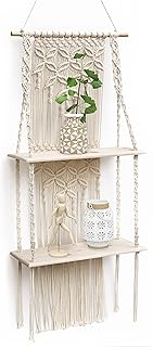 SUMGAR Etagere Murale en Bois Macramé Boheme à Deux étages Design, Etagere Suspendue Corde Flottante de Plantes Interieur,Rangement Decoration pour Salle de Bain Cuisine Chambre Bureau Salon