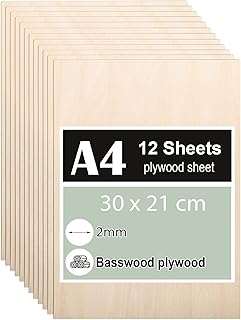 12 Pièces Contreplaqué 2mm, Feuilles de bois de tilleul 30 x 21 cm, Panneau Feuille Découpe Laser, Planche Bois pour Pyrogravure, Gravure, projet de bricolage, Maquette