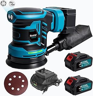 Bostar Ponceuse Excentrique Sans Fil 18V, Ø125mm Moteur Brushless, 2 Batteries 3.0Ah, Max. 21000 tr/min, 6 Vitesses, Sac à Poussière, Ponceuse Orbitale pour Bois et Voiture, Compatible Makita 18V