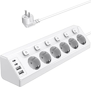 Vipwell Prise Plan de Travail Cuisine, Multiprises avec 2 Ports USB A et 2 Ports USB C, Multiprise 6 Prises avec Interrupteur, Rallonge Électrique 2m pour Meuble, Canapé, Bureau, Table