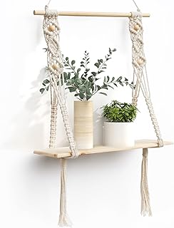 SUMGAR Etagere Murale Bois Macramé Boheme Design Etagere Suspendue Corde Flottante de Plantes Interieur Exterieur Rangement Decoration pour Salle de Bain Cuisine Chambre Bureau Salon