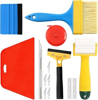 Swpeet 14 pièces papier peint Smooth Tool Set, grattoir, couteau à graver avec lame, ruban à mesurer, rouleau de couture et pinceau adhésif pour coller papier peint sac de voiture vinyle vitre teintée