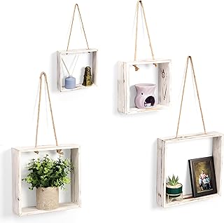 Belle Vous Lot de 4 Etagere Murale Carrée en Bois - 4 Tailles - Etagere Suspendue Corde - Cube Etagere pour Salon, Chambre, Cuisine, Salle de Bain & Déco