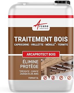 Traitement bois Insectes xylophène et champignons - Insectiside/Protection bois pour charpentes, poutres terrasses bois | ARCAPROTECT BOIS - 5 L - ARCANE INDUSTRIES