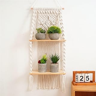 Etagere Murale Bois Bohème Macramé,Tissé à La Main Etagere Suspendue Corde avec Corde en Coton,Deco Macramé Mural Double Couche pour Salon,Balcon,Bureau,Chambre d